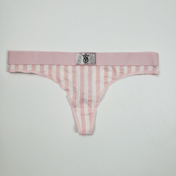 Victoria's Secret Shine Patch Thong Panty Womens Medium VS Signature Pink Stripe - Picture 3 of 14